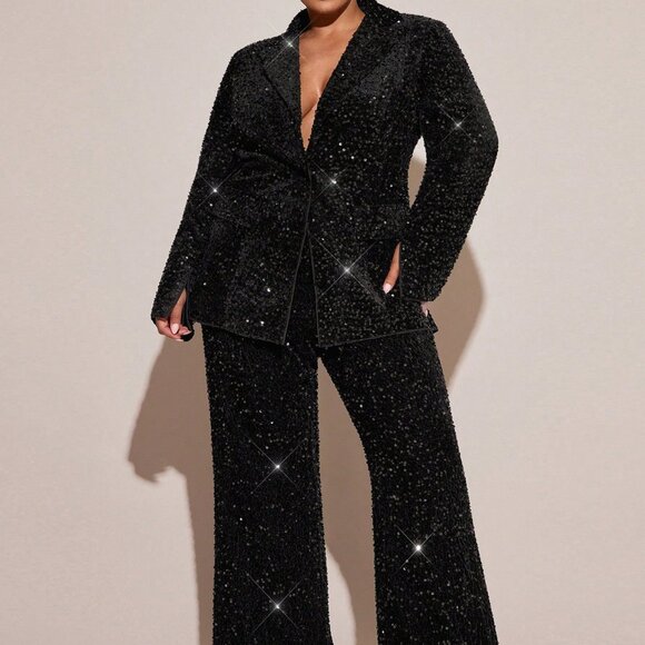 Black Party Women's Plus Size Glitter Sequined Long Sleeve Jacket - Picture 7 of 9